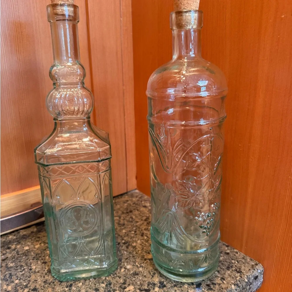 (2) Vintage Embossed Williams-Sonoma Spanish Blue/Green Glass Bottles